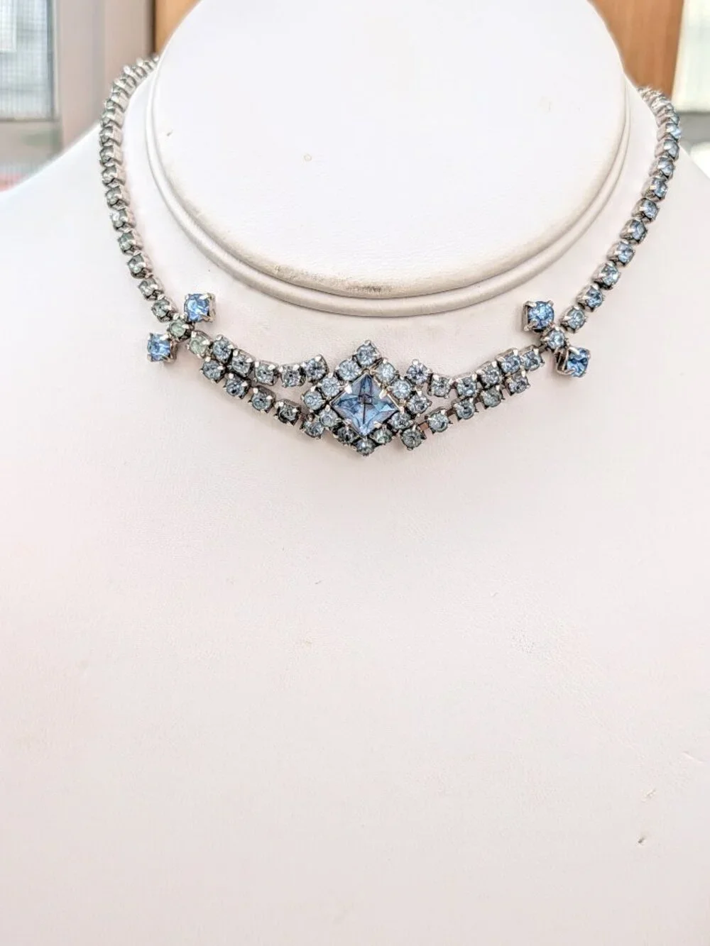 1930's - 1940's Art Deco Style Icy Blue Rhinestone Choker Necklace